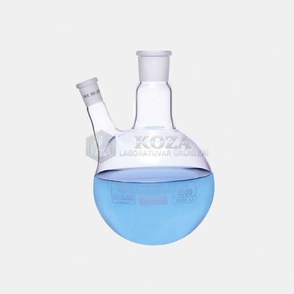 ISOLAB 030.27.902 balon - dibi yuvarlak - 2 boyunlu - yan dişi şilif - merkez boyun : NS 29/32 - yan dişi şilif : NS 14/23 - 2000 ml (1 adet)