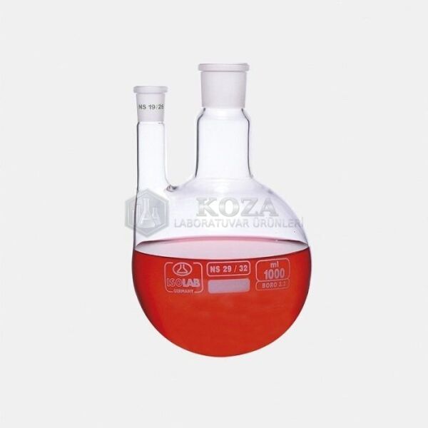ISOLAB 030.30.050 balon - dibi yuvarlak - 2 boyunlu - paralel yan boyun - merkez boyun : NS 14/23 - yan dişi şilif : NS 14/ 23 - 50 ml (1 adet)