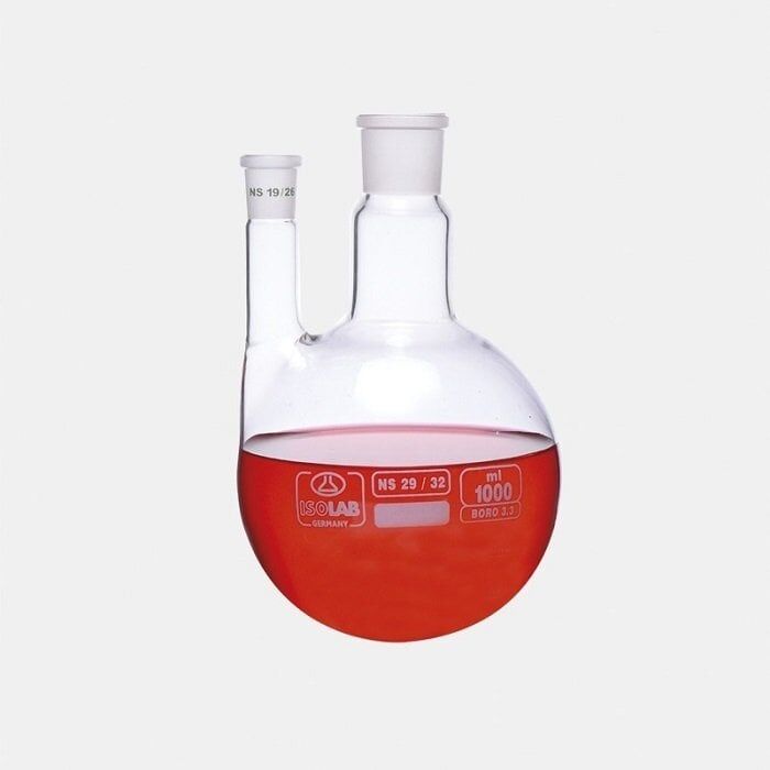ISOLAB 030.30.250 balon - dibi yuvarlak - 2 boyunlu - paralel yan boyun - merkez boyun : NS 14/23 - yan dişi şilif : NS 14/ 23 - 250 ml (1 adet)