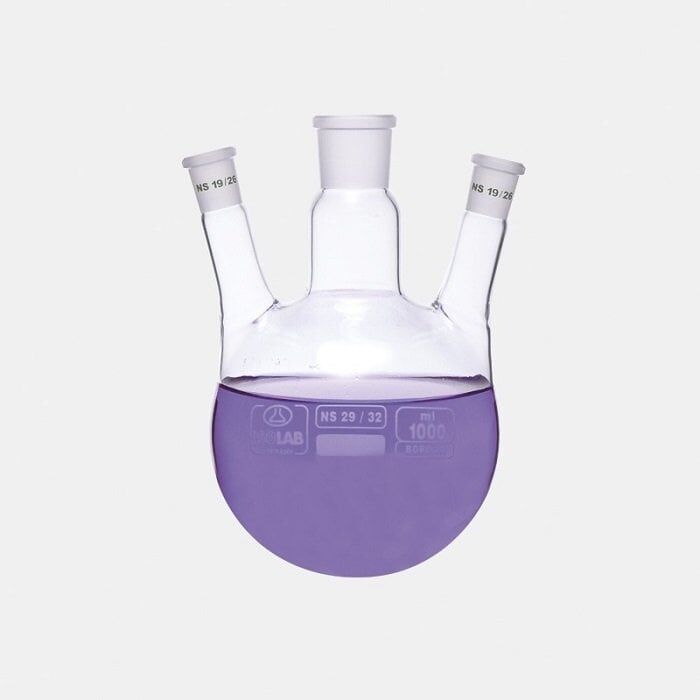ISOLAB 030.38.250 balon - dibi yuvarlak - 3 boyunlu - yan dişi şilif - merkez boyun : NS 24/29 - yan boyun(lar) : NS 19/26 - 250 ml (1 adet)