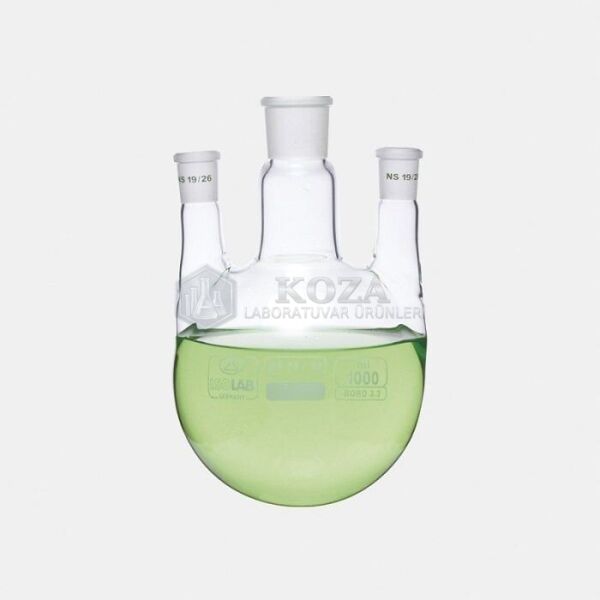 ISOLAB 030.47.901 balon - dibi yuvarlak - 3 boyunlu - paralel yan boyun - merkez boyun : NS 29/32 - yan boyun(lar) : NS 29/32 - 1000 ml (1 adet)